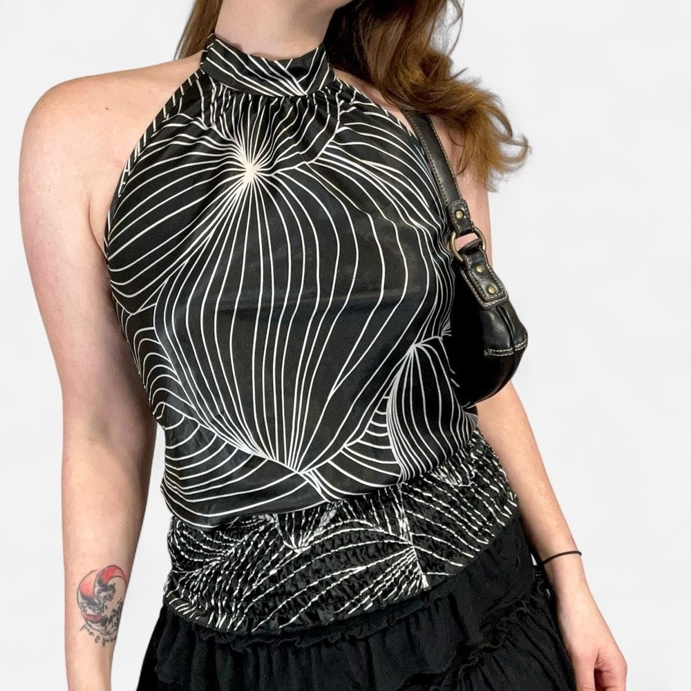 Y2K Black White Swirl Print Halter Top Smocked Waist Goth Alt Boho Womens L